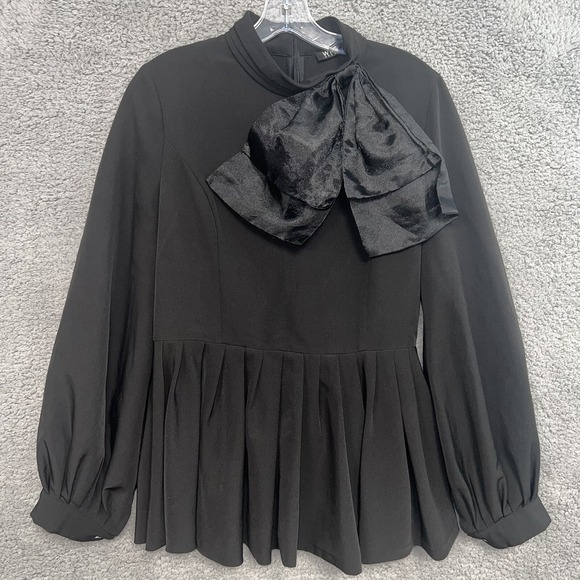 Why Dress Tops - WHY DRESS Black Statement Sz L Sculpture Bow Pleated Bubble Blouse 3/4 Back Zip